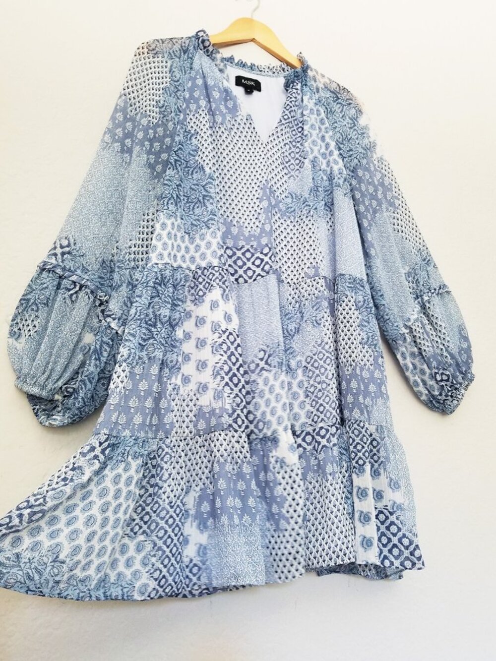 MSK Ruffle V Neck Baby Doll Dress XL Chiffon Patchwork Blue Shimmer Boho Cottage - Picture 11 of 15